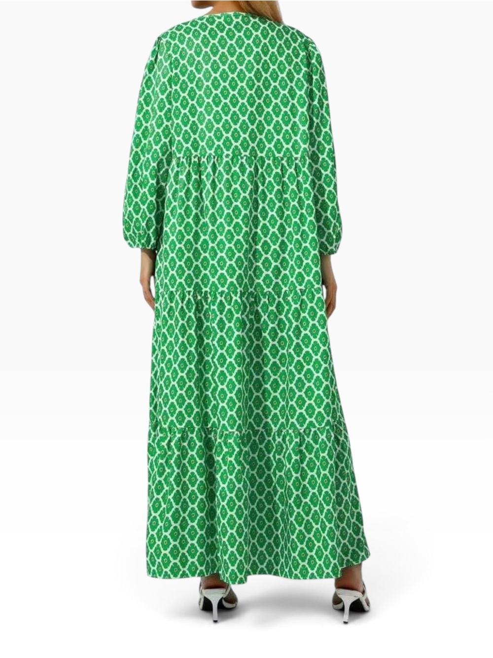 Boho Green & White Geometric Print Half-Sleeve Tiered Maxi Dress - Picture 4 of 14